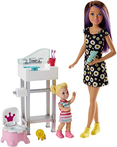 Barbie Babysitting Playset with Skipper Doll, Baby Doll, Sink, Flipping Potty Seat and Themed Accessories for 3 to 7 Year Oldsâ