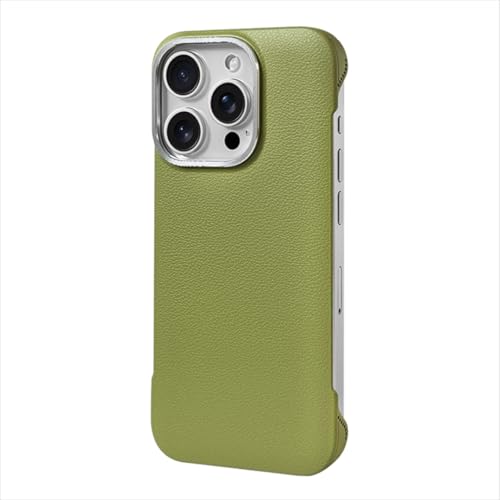 HJZSZX iPhone 15用 高級フレームレス ライチ柄 放熱ケース ソリッドカラー メタルカメラリング ハードケース(iPhone 15用/グリーン JKP WBK)