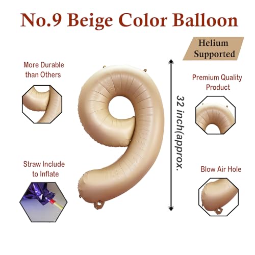Image of Solid Beige 9 /Nine Number Foil Balloons 32 inch 9th Birthday Party Decoration Helium Supported