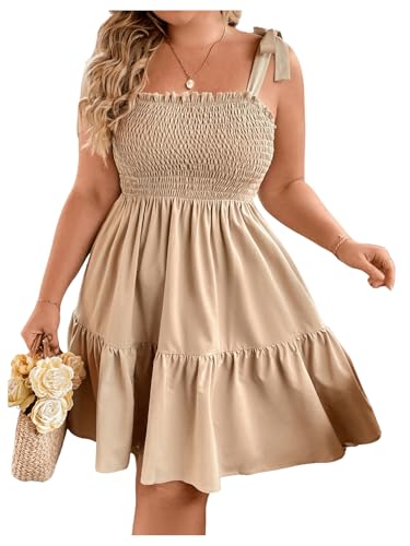 Floerns Women's Plus Size Summer Knot Tie Shoulder Ruffle Straps Flounce Flowy Smocked Sundress Shorts Dress Khaki XX-Large Plus