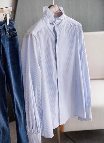 Button Down Shirts for Women Classic Blue Striped Collared Blouses Shirts Long Sleeve Blouse Business Casual Tops2