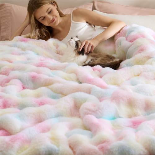 Image of Bedsure Fluffy Bubble Faux Fur King Blanket, 104 inchx90 inch, Tie-dye Rainbow