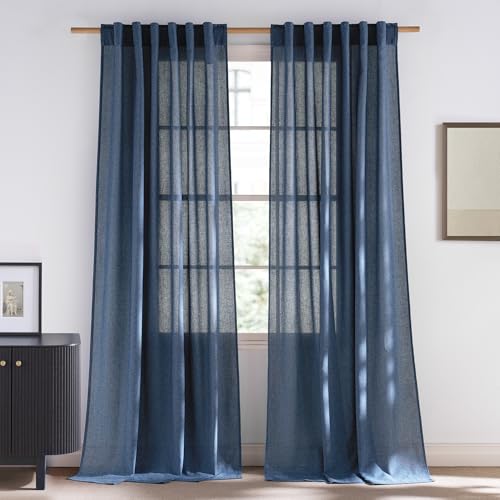 NICETOWN Natural Linen Navy Blue Curtains, Rod Pocket & Back Tab Thick Linen Privacy Added Semi Sheer Window Treatments with Light Filtering for Bedroom/Living Room, W55 x L108, 2 Panels