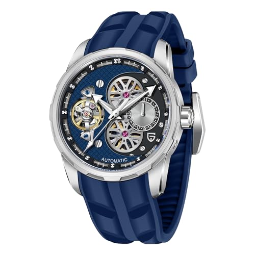 KALPADIVES Nouvelle Montre Automatique Homme avec Cadran Squelette - Boîtier Acier Inoxydable 44mm - Étanche 100M - Bracelet Caoutchouc FKM - Verre Sapphire synthétique (Bleu)
