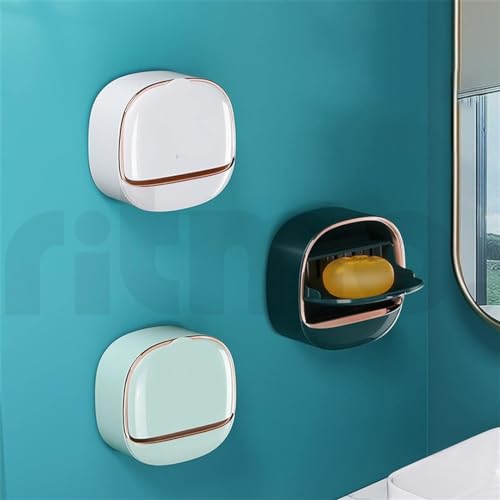 Image of Ritmo Soap Dish - Space Saving Waterproof Wall Mounted Box for Shower With Drain and Flip Lid (Dark Green)
