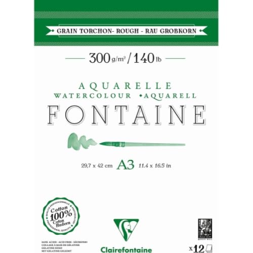 Lot de 5 Bloc encollé de 12 feuilles de papier aquarelle Fontaine grain torchon, 300 g/m², A3