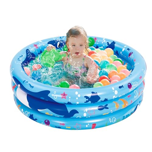 Sloosh Inflatable Kiddie Pool, 34'x10' Blow Up Kid Swimming Pool, 3 Rings Blue Baby Pool for Toddler, Play Pit for Dog with Ocean Whale Pattern for...