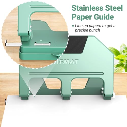 Image of AFMAT 3 Hole Punch, 9 /32 inch Holes, 40-Sheet 3 Hole Puncher for Binder, 50% Reduced Effort, Metal Heavy Duty Three Hole Punch w / 10,000+ Uses, Bulit-in S.S. Paper Guide, Large Chip Tray, Green, HPX3