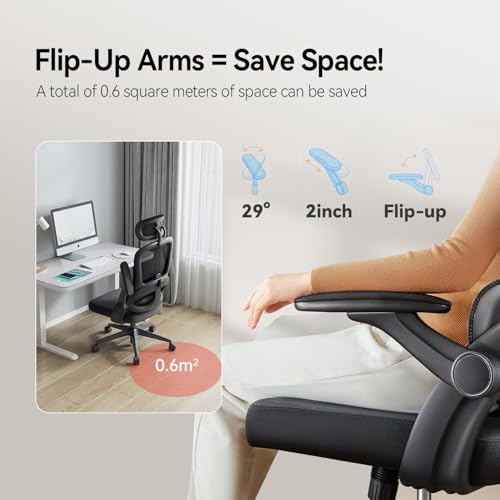 M102C Sedia Ergonomica da Ufficio con Braccioli Ribaltabili, Supporto Lombare Regolabile, Design Ergonomico per Scrivania e Uso Domestico - Nero - Sedia gaming - Immagine 4