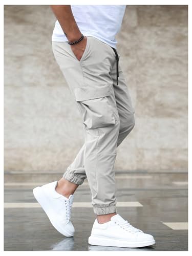 OYOANGLE Men's Drawstring Waist Cuffed Cargo Pants Casual Solid Joggers with Pocket2