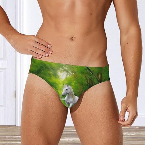 Three White Horses Green Forests Men's Swim Briefs Sexy Bikini Swimsuit Beach Shorts Underwear Low Waist4
