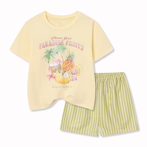 Image of Teen Girls Clothes 2 Piece Graphic T Shirt & Striped Shorts Outfit Set Summer Back to School Clothes Size 7-14