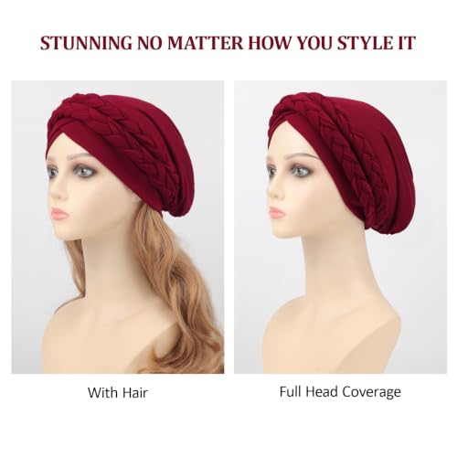 Image of DRESHOW African Women Turban Caps Beanie Twist Headscarf Pre-Tied Double Twisted Braid Hair Cover Wrap Hat Chemo Cancer Cap