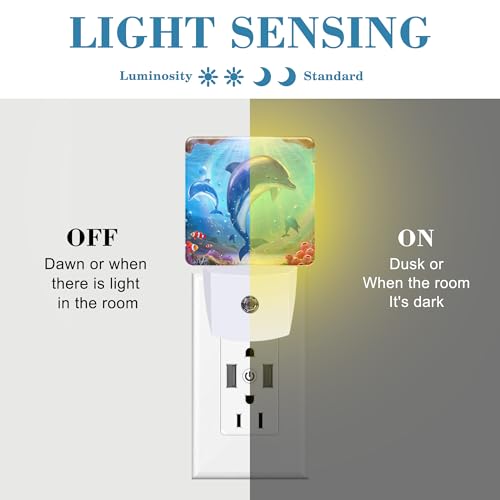 Image of Night Light for Kids Girls Boys, Cute Dolphins in Tropical Sea LED Night Light Plug into Wall with Dusk to Dawn Sensor for Room Decor, Hallway, Kitchen, Bathroom, Nursery, Stairs