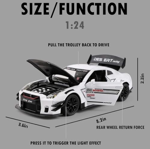 Image of 1:24 Scale Nissaan GTR Model Alloy Metal Pull Back Toy car for Kids with Openable Doors & Light, Music Toy Vehicle for Kids (1:24 Nissaan GTR (White))