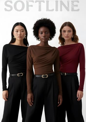 Image of SIGHTBOMB SOFTLINE Asymmetric Boat Neck FRONTFLOW Gathered Waterfall Afford LUX Edition Formal WEAR Long Sleeve Feather Touch TOP for Women