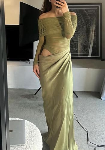 Image of Kwunbwa Women's Sexy Off The Shoulder Mesh Maxi Dress Long Sleeve See Through Ruched Party Club Bodycon Long Dresses Green