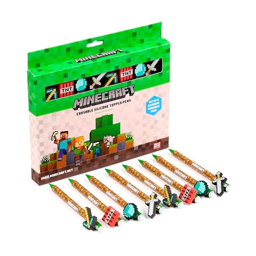 Puckator Set mit 8 löschbaren Stiften mit Minecraft-Werkzeugen Silikonaufsatz cooler niedlicher ästhetischer Schulbedarf radierbare Gelstifte Stift mit Radiergummi für Kinder Büro Schreiben