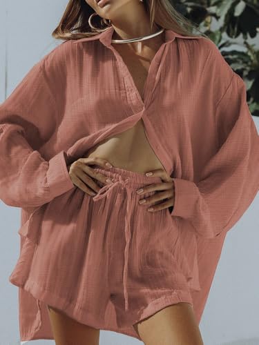 Image of Fixmatti Women 2 Piece Outfits Long Sleeve Button Down Blouse and Shorts Sweatsuit Sets