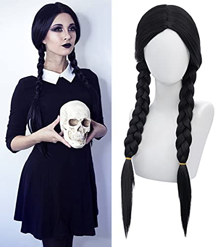 Juziviee Wednesday Addams Wig with Wig Cap Black Wigs for Wednesday Costume Long Black Braided Wig Braides Wigs for Addams Party AD027BK1