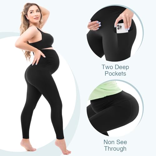 Leafigure Maternity Fleece Lined Leggings with Pockets Black Medium - image 5
