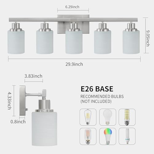 Image of 5-Light Bathroom Light Fixtures 30in Nickel Bathroom Vanity Light | White Frosted Ribbed Glass Shade Modern Bathroom Wall Lights over Mirror Farmhouse Wall Sconces for Bedroom E26 Base