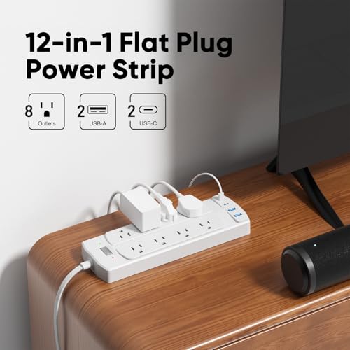 Image of Flat Plug Power Strip, Yozisital Extension Cord with 8 AC Outlets & 4 USB Ports (2 USB-C), 5 FT Power Cord, Wall Mount, Desk Charging Station for Home Office, White