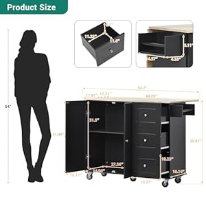Kitchen Island with Drop Leaf, Large Kitchen Island Cart on Wheels with Storage, 52.7 Inch Rolling Kitchen Cart, Black Kitchen Island with Drop Leaf Large Kitchen Island Cart on Wheels with Storage 527 Inch Rolling Kitchen Cart Black