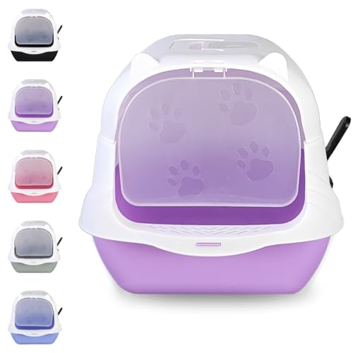 Caixa Areia Fechada Gato Autolimpante Grande Banheiro Pá (Branco/Roxo)