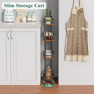 Giwil Slim Storage Cart 4 Tier Narrow Kitchen Rolling Cart on Wheels for Small Space, Mobile Spice Rack Seasoning Organizer Utility Serving Cart for Kitchen Bathroom Laundry, Brown Giwil Slim Storage Cart 4 Tier Narrow Kitchen Rolling Cart on Wheels for Small Space Mobile Spice Rack Seasoning Organizer Utility Serving Cart for Kitchen Bathroom Laundry Brown
