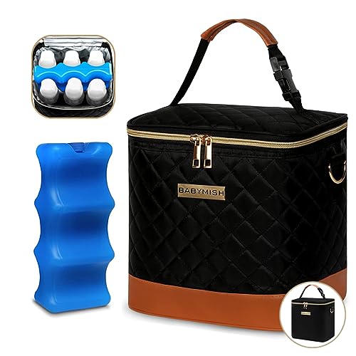 Image of babymish Breastmilk Cooler Bag with 2 Extra Breastmilk Storage Bags & 1 Ice Pack - Fits 6 Baby Bottles Up to 9 Oz - Wearable Breast Pump Bag with Straps - Perfect for Nursing, Mom (Brown & Black)
