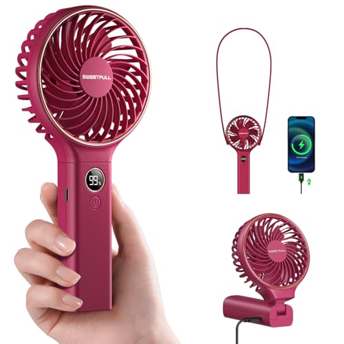 Image of SWEETFULL Handheld Portable Fan, 5000mAh Rechargeable Battery, 6 Speed Wind, LED Digital Display, Foldable Electric Personal Mini Travel Fan with Backup Power, Summer Essentials Gifts for Women Girl