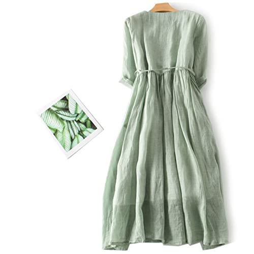 Women's Vintage Cotton Linen Dress Frill Trim Button Down 3/4 Sleeve Casual Midi Dresses Summer Loose Flowy Sundress Green #TOP4