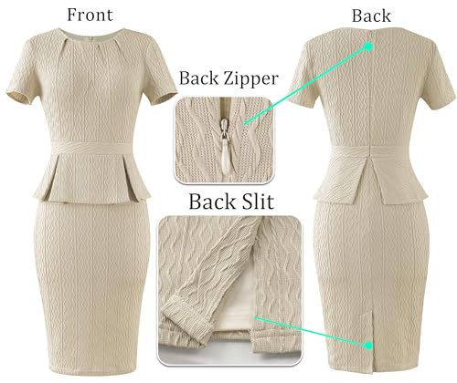 Image of VFSHOW Womens Pleated Crew Neck Peplum Work Business Office Church Bodycon Pencil Sheath Dress