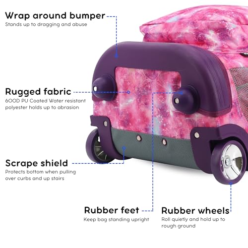 Image of J World Sunrise Kids Rolling Backpack with Wheels for Girls Boys, Roller Bookbag for School, 18 x 13 x 9 Inches, Purple Galaxy