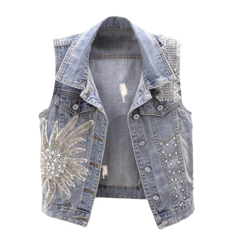 Summer Lace Beading Flowers Denim Vest Women Washed Waistcoat Slim Short Hole Sleeveless Jacket Jeans Vests