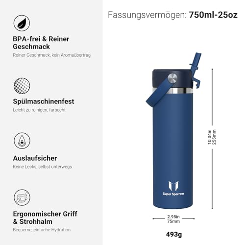 Sparrow Trinkflasche Edelstahl 750ml Thermosflasche mit Strohhalm Deckel – Ansicht 3