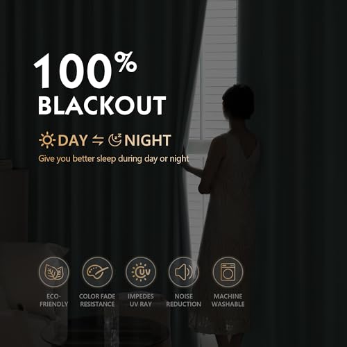 Image of FMFUNCTEX 100% Blackout Curtains for Bedroom, Mistleaf Curtains 63 Inches Long Textured Thermal Insulated Curtains for Living Room Drapes, Black Out Drapery Grommet Room Darkening 2 Panels