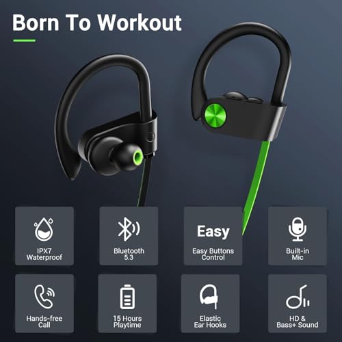 Image of Bluetooth Headphones, Bluetooth 5.3 IPX7 Waterproof Wireless Sports Earbuds for Workout Gym, 16 Hrs Playtime Running Headphones with Noise Cancelling Mic, HiFi Bass Stereo in-Ear Earphones