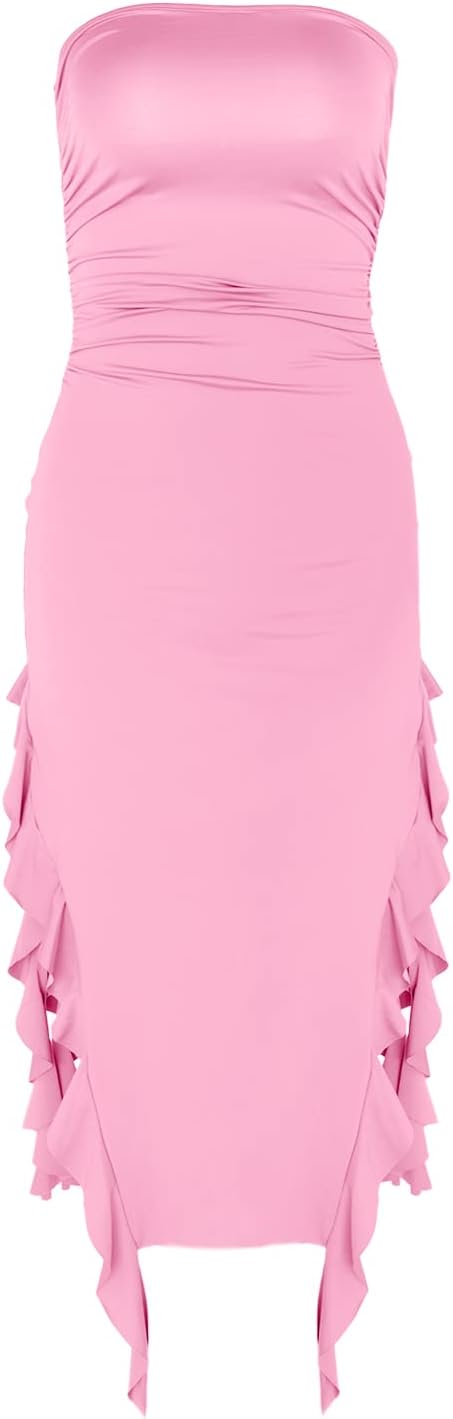 Women’s Bodycon Tube Dress Sexy Strapless Y2K Ruffle Trim Irregular Floral Tassel Split Ruched Club Night Party Midi Dress - Image 5