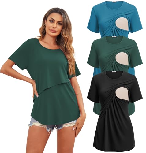 Image of Ekouaer Women's Maternity Shirts Short Sleeves Nursing Tops 3 Pack Double Laye Breastfeeding Tees Pregnancy Clothes S-XXL