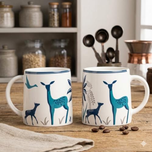 Image of Alive Blue Deer Art Printed Ceramic Tea /Coffee Mug Set of 2 (300 ml) | Microwave & Dishwasher Safe |Premium Ceramic Mugs for Home, Office & Gifting