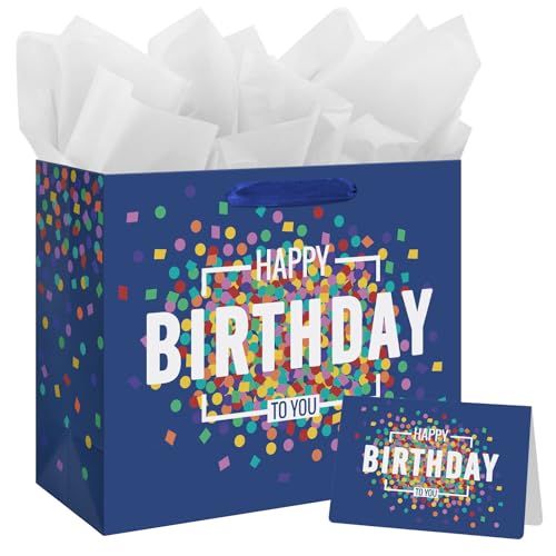 13 Large Happy Birthday Gift Bag Blue with Greeting Card and Tissue Papers for Men Boys (Large Blue)