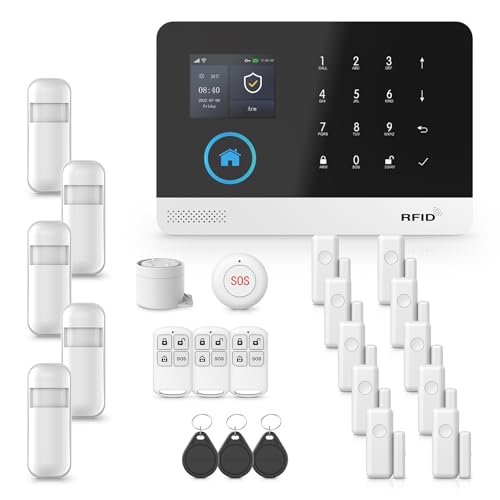 PGST Sicherheitsalarmanlage für Zuhause, WLAN-Hausalarmanlage mit App-Warnung und Anrufalarmen, 24-teiliges Set: Alarm-Hub mit 120 dB, Tür-/Fenstersensoren, PIR, Fernbedienungen