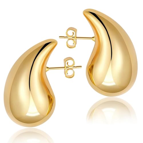 YHT 18K Hypoallergenic Gold Plated Earrings for Women Girls and Men Waterdrop Teardrop Hollow Hoops Chunky Gold Earrings are Fashion Jewelry Gift