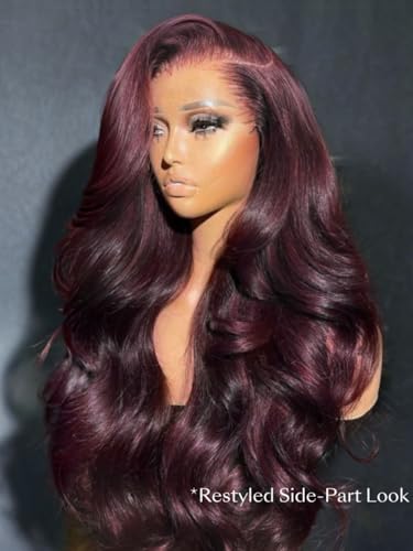 Image of Beauty Forever Bye Bye Knots Black Cherry Loose Body Wave Glueless Wigs Human Hair Pre Plucked Pre Cut 7x5 Lace Front Drawstring Wig with Face Framing Layers Put on and Go Wig 180% Density 18inch