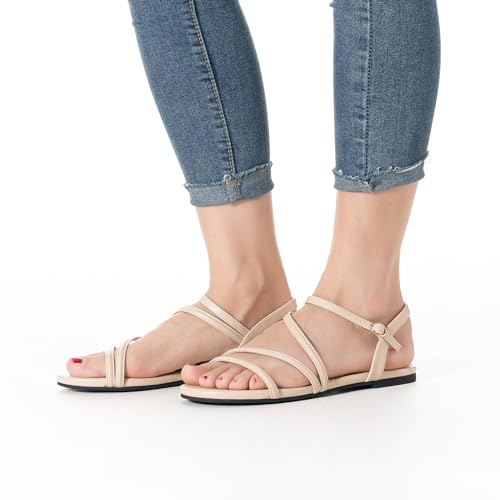 Image of Mtzyoa Women Flat Sandals Dressy Strappy Gladiator Summer Ankle Strap Nude Open Toe Comfortable Wedding Casual Leather Ladies Party Trendy Vacation