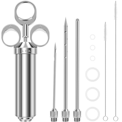 KEGAJEGA Edelstahl Fleischspritze mit 3 Marinierspritze Nadeln 2 Reinigungsbürste Marinadenspritze 60 ml Marinadenspritze Edelstahl für Rindfleisch Hähnchen Pute...