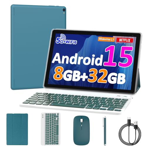 10 inch Android 15 Tablet, 8GB RAM 32GB ROM Powerful Quad-core CPU, 1280*800 Resolution Screen Tablet PC, 8MP Camera, 6000mAh Battery Computer, 2 in 1 Tablets with Keyboard, Case, Mouse, Stylus Laptop