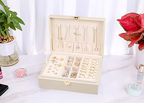 Voova Jewelry Box Organizer for Women Girls, 2 Layer Large Men Jewelry Storage Case, PU Leather Display Jewellery Holder with Removable Tray for Necklace Earrings Rings Bracelets, Vintage Gift,Apricot4